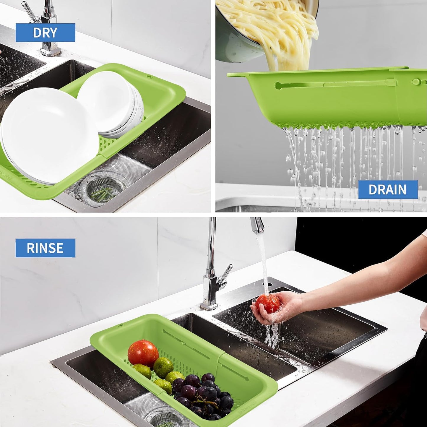 LASSHSWA Collapsible Colander for Kitchen, Over the Sink Strainer Basket for Kitchen, Fruit Pasta Food Strainer Expandable Plastic Colander BPA Free (Black)