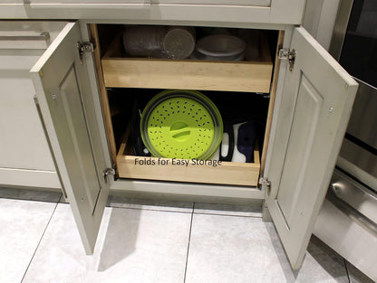 Dependable Industries' 2-in-1 Collapsible Microwave Splatter Guard Cover & Vegetable Washing Colander: The Ultimate Space-Saving Kitchen Essential (Gray)