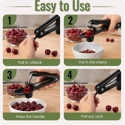 Cherry Pitter, Easy Pitting Cherry Stoner, Stainless Steel Cherries Corer Pitter Tool w/Silicone Cup, Safety Lock Design, Cherry Pit Remover Pitter for Quick, Mess-Free Pitting, Dishwasher Safe