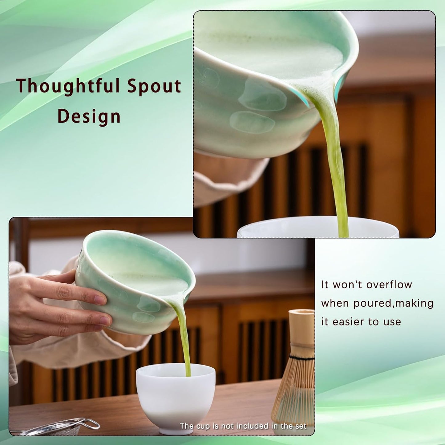 Buucup Matcha Set, Matcha Bowl with Spout, Matcha Whisk and Holder, Bamboo matcha Scoop and Stainless Sifter - 5 Pcs Jade Green Matcha Set Kit for Matcha Lover
