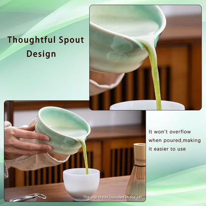Buucup Matcha Set, Matcha Bowl with Spout, Matcha Whisk and Holder, Bamboo matcha Scoop and Stainless Sifter - 5 Pcs Jade Green Matcha Set Kit for Matcha Lover