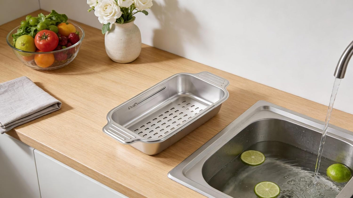 AYNEFY Extendable Over The Sink Basket Expandable Stainless Steel Colander 304 Food Grade Strainer for Washing Vegetables Fruits Pasta Dishes with Rubber Grip Handles (S)