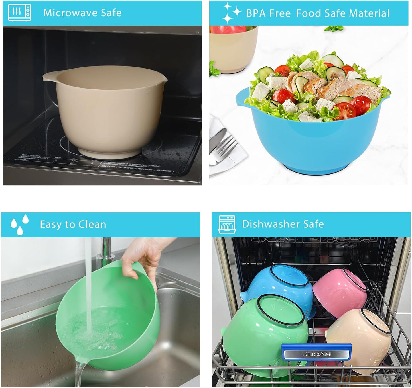 BoxedHome Green Ombre Nesting Plastic Mixing Bowl Set With Pour Spout, Microwave and Dishwasher Safe, BPA free Non-Slip Base, Set of 4 Size 1.7, 2.5, 3.5 and 4.5qt, Great for Prepping, Baking, Cooking
