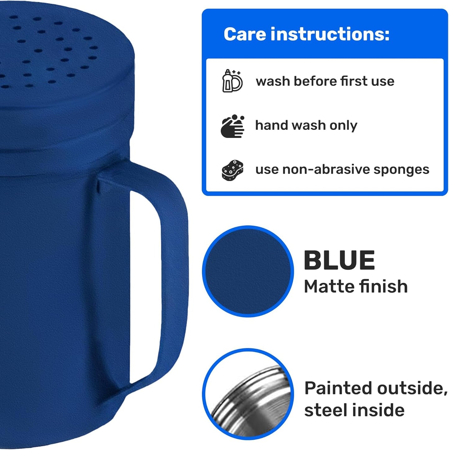 CUSINIUM Metal Salt Pepper Dredge Shakers - With Handle - Seasonings Spice Shakers With Holes and Lids - 10 Ounce, 2pcs | Style: Medium