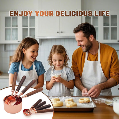 Measuring Cups and Spoons Set,Premium Stainless Steel Measuring Cups and Spoons Set with Wood Handle, 8-Pieces Kitchen Essentials for Baking, Coffee with Ergonomic Grip & Engraved Markings(Silver8)
