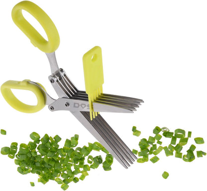 Herb Scissors - 5 Sharp Blades - Cuts, Slices and Chops Herbs 5x Faster - Ideal Time-Saving Kitchen Essential - Cleaning Rake Included - Stainless Steel - with Diamond Shield Cleaning Cloth