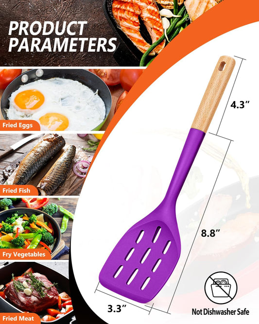 Pack of 2 Silicone Spatula, Non Stick Cooking Utensil Set Wooden Handle Kitchen Turner for Baking Mixing Grilling Serving Food Heat Resistant Non Scratch Hooks Included (Khaki)