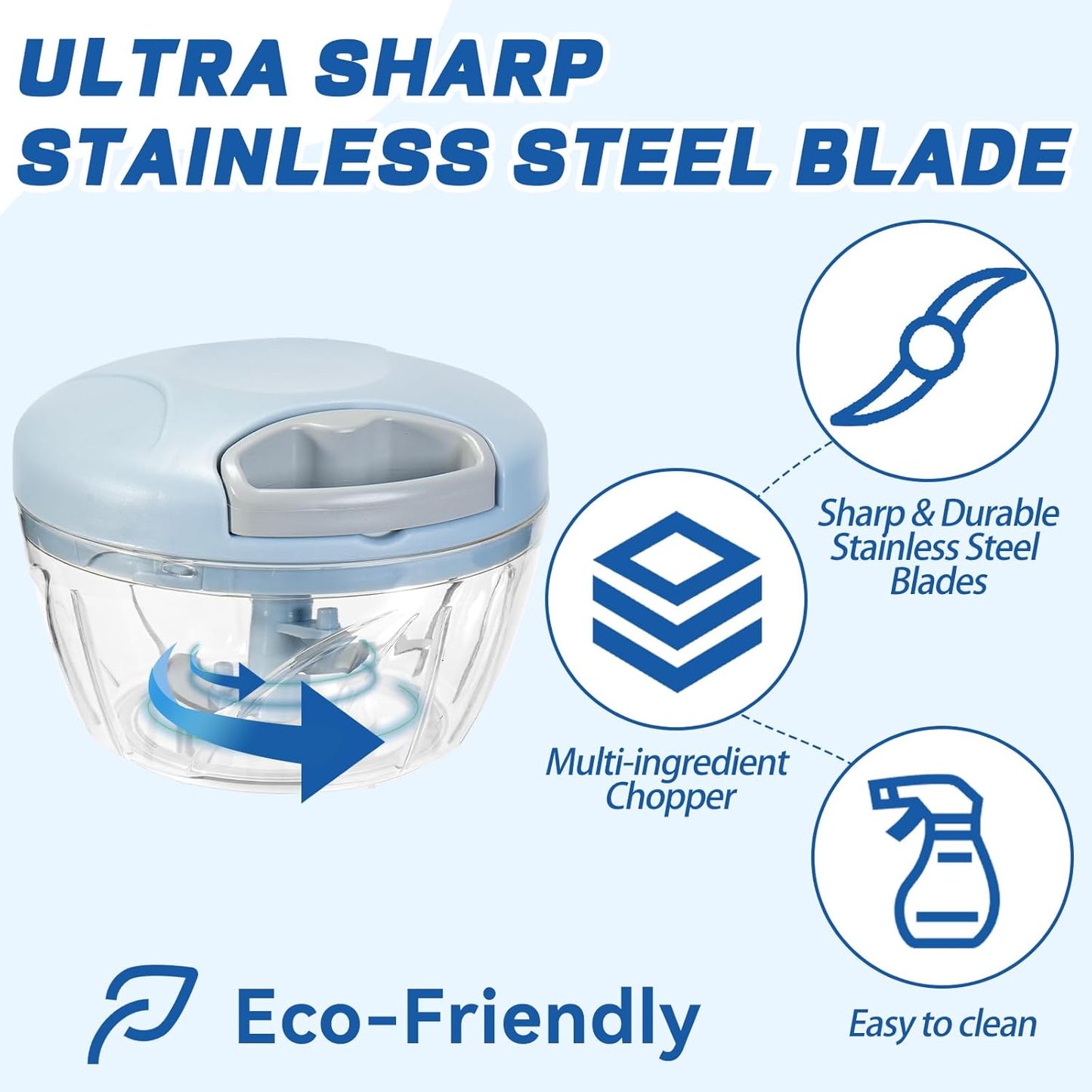 Manual Food Processor Vegetable Chopper, Portable Hand Pull String Garlic Mincer Onion Cutter for Veggies, Suitable for Vegetables, Ginger, Garlic, Fruits, Onion, Potato, Salad (Blue 500 ml)