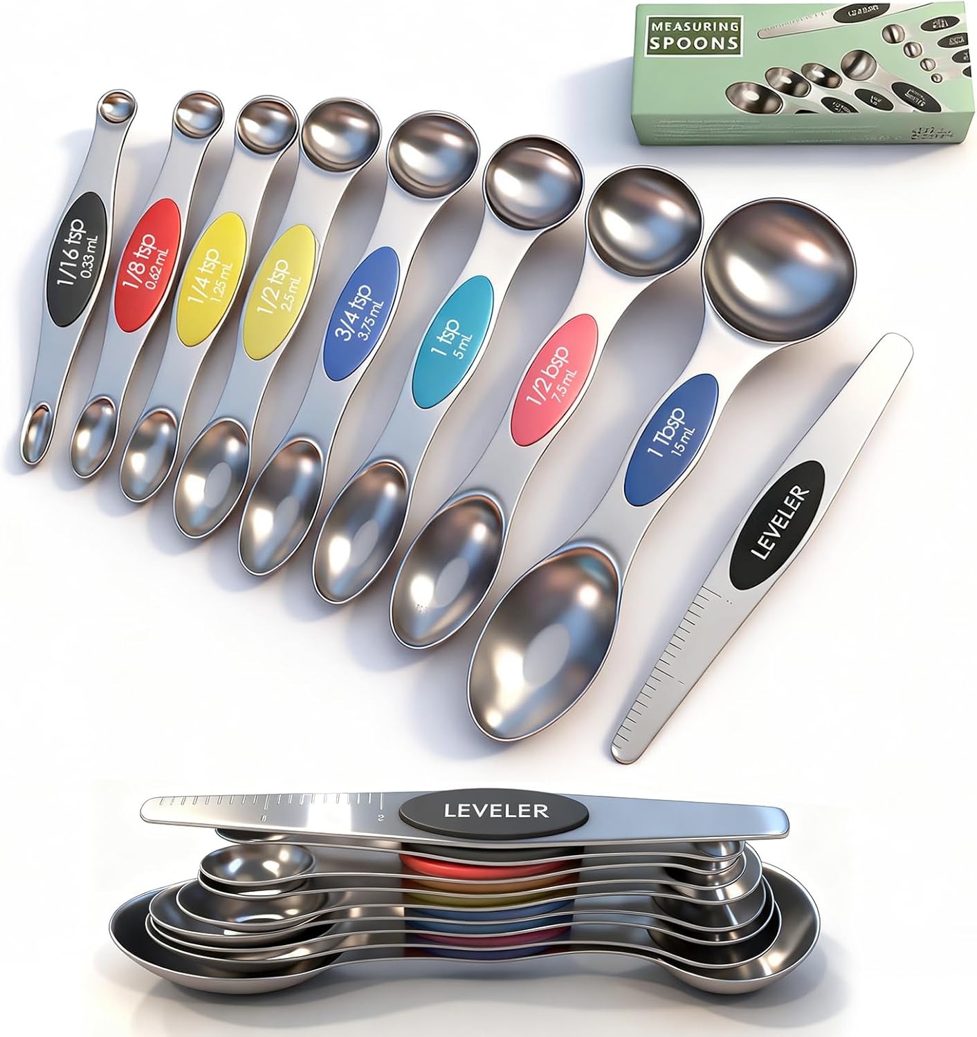 Stainless Steel Magnetic Measuring Spoons Set of 9 with Leveler,Dual Sided, Stackable, Adjustable Teaspoon and Tablespoon, Measuring Liquids and Dry Ingredients, Baking& Cooking Gadgest,Multicolor
