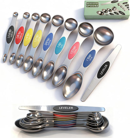Stainless Steel Magnetic Measuring Spoons Set of 9 with Leveler,Dual Sided, Stackable, Adjustable Teaspoon and Tablespoon, Measuring Liquids and Dry Ingredients, Baking& Cooking Gadgest,Multicolor