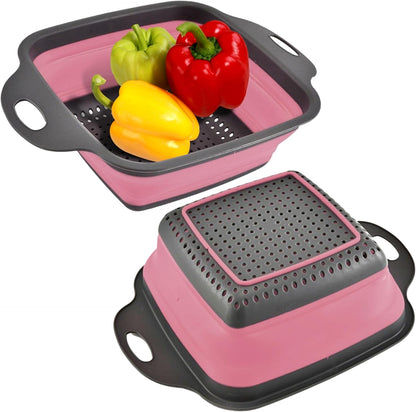 Green Kitchen Strainer Colander Set - 2 PCS Multifunctional Colander Silicone Food Strainers for Kitchen for Pasta and Spaghetti Collapsible with Plastic Handles