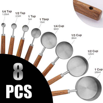 SHIKORI Gold Measuring Cups and Spoons Set with Wood Handles, Premium Stainless Steel Measuring Spoons and Measuring Cups Set-Gold