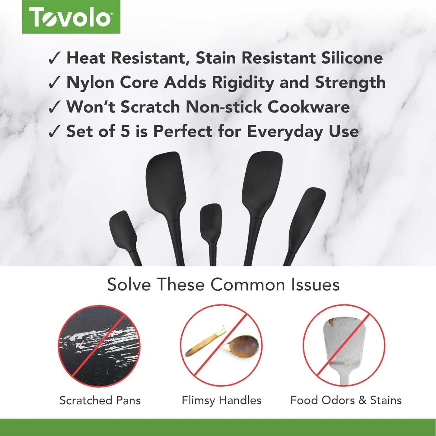 Tovolo Stainless Steel Handled Silicone Spatula Set of 5 White, Dishwasher Safe Kitchen Spatula Set for Cooking Baking, Non Toxic BPA Free Silicone Spatula set with Metal Steel Handle