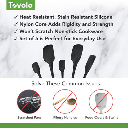 Tovolo Stainless Steel Handled Silicone Spatula Set of 5 White, Dishwasher Safe Kitchen Spatula Set for Cooking Baking, Non Toxic BPA Free Silicone Spatula set with Metal Steel Handle