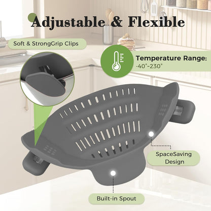 Clip-On Silicone Strainer for Pots, Heat-Resistant Handsfree Pasta & Vegetable Colander, Space-Saving Kitchen Gadget for Noodles, Veggies & Berries (Grey)