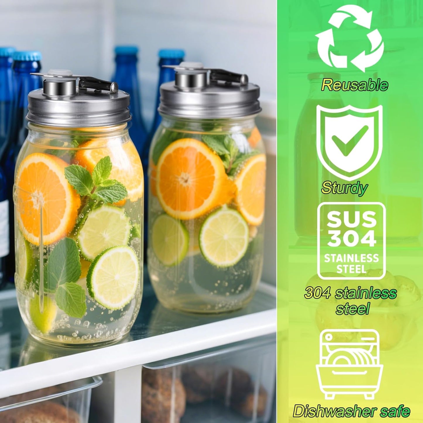 Mason Jar Pour Spout Lid Stainless Steel with Handle, Wide Mouth Pour Spout Flip Cap Lids for Mason Jars, Anticracking Leak Proof Seal Cover Airtight for Drinking Salad Dressing & Food Storing(2PCS)