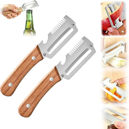 Multifunctional Vegetable Peeler for Kitchen, 2026 New 2 in 1 Stainless Steel Peeler with Wooden Handle and Bottle Opener, Wooden Handle Peeler Ultra-Sharp Kitchen Tool for Fruits and Vegetables(2Pcs)