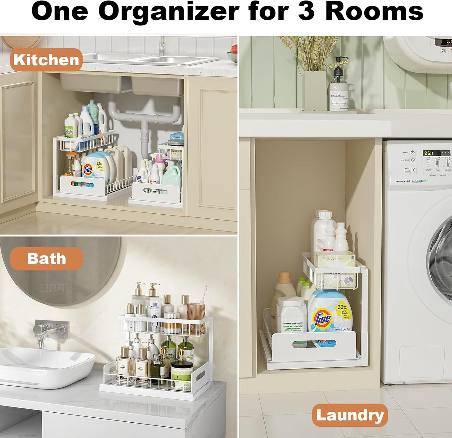 REALINN Under Sink Organizer, L-Shaped 2 Tier Pull Out Cabinet Organizer for Kitchen and Bathroom, Slide Out Under Cabinet Storage, Metal Under Sink Storage with Sliding Drawer, 50 lbs, Black 2 Pack
