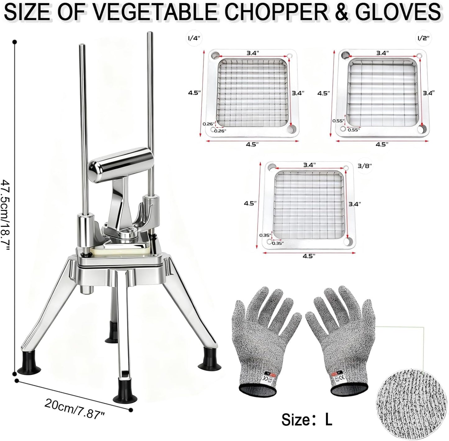 CTJ Commercial Vegetable Chopper & French Fry Cutter with (1/4" 3/8" 1/2") Replacement Blades Stainless Steel Veggie - Home Kitchen or Restaurant Use for Tomato Peppers Potato