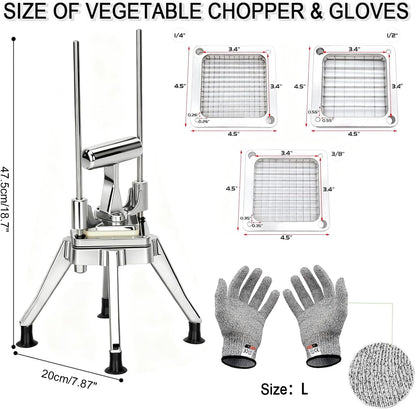 CTJ Commercial Vegetable Chopper & French Fry Cutter with (1/4" 3/8" 1/2") Replacement Blades Stainless Steel Veggie - Home Kitchen or Restaurant Use for Tomato Peppers Potato