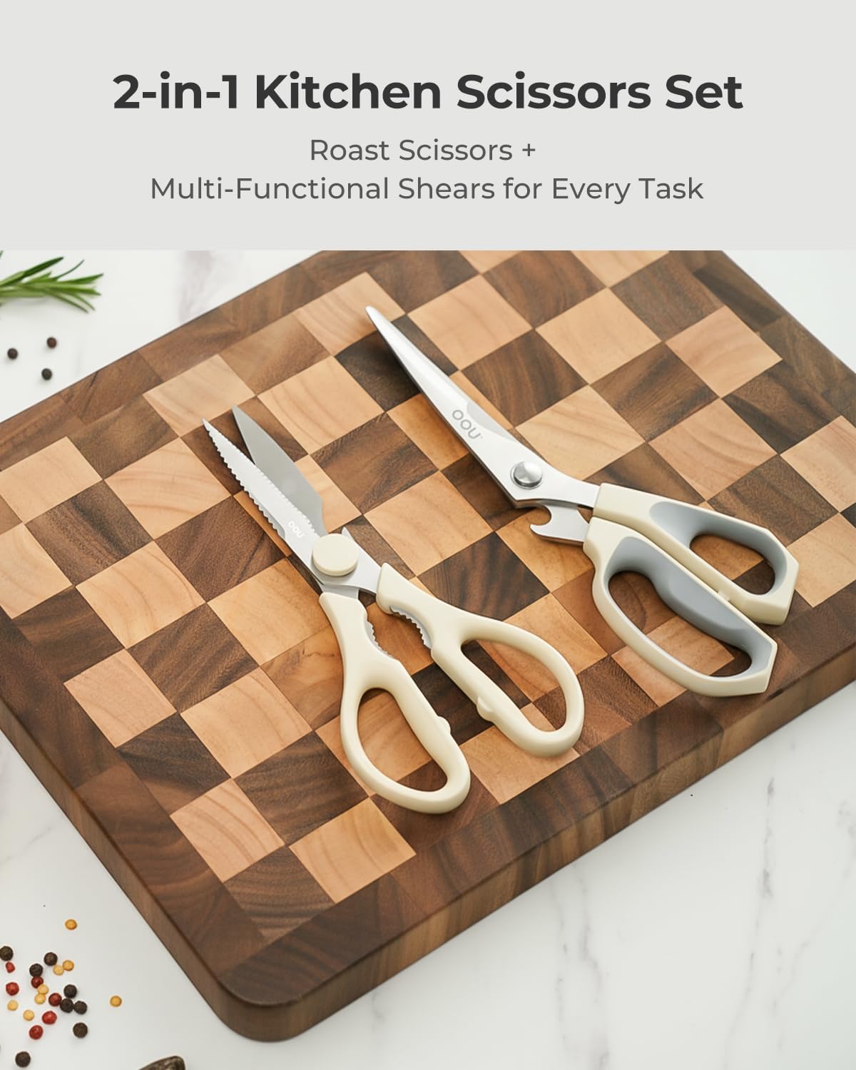 OOU White Bear Kitchen Scissors, All Purpose Heavy Duty Sharp Kitchen Shears Dishwasher Safe, Cooking Shears for Meat Chicken Fish Poultry Herb Bread