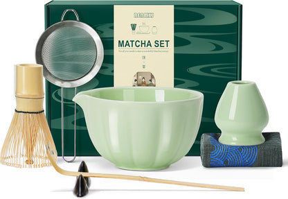 Renmxj Matcha Whisk Set,7 PCS Ceramic Matcha Kit Includes Matcha Bowl with Spout, Matcha Whisk and Holder, Bamboo Scoop, Stainless Sifter, Tea Towel, Unique Gift for Matcha Lovers (Pink)