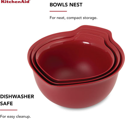 KitchenAid Universal Nesting Plastic Mixing Bowls, Set Of 3, 2.5 quart, 3.5 quart, 4.5 quart, Non Slip Base with Easy Pour Spout to Reduce Mess, Dishwasher Safe, Aqua Sky, White, Gray