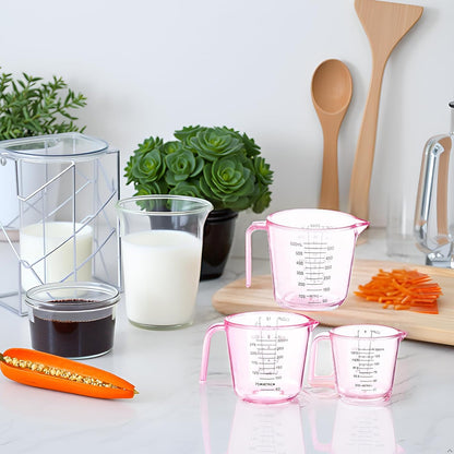 Cute Pink Plastic Measuring Cup - 3 Pack, Home Kitchen Cooking and Baking Seasoning Liquid Measuring Cups, Multiple Scale Identification, with Handle and Triangle Mouth (150ml, 300ml, 600ml)
