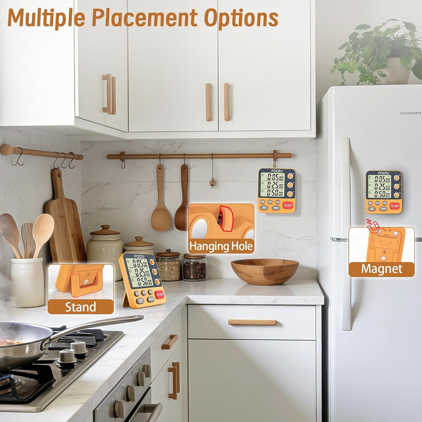 Digital Dual Triple Kitchen Timer, 3-Channel Magnetic Countdown Timer for Cooking, Large Display Stopwatch Multi Food Classroom Timer Loud Alarm for Seniors Teachers Battery Included (Orange)