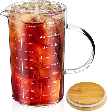 Glass Measuring Cup, 1000 ML (33.8 Oz, 4 Cup) High Borosilicate Glass Measuring Cup with Wood Lid Insulated Handle V-Shaped Spout for Kitchen Restaurant Easy To Read