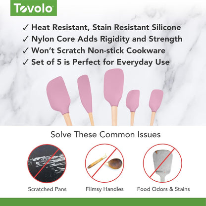 Tovolo Silicone Spatula with Wooden Handle Set of 5 Piece Silicone Kitchen Utensil Set Spoonula Jar Scraper Mini Spatula and Spoonula for Cooking Baking Mixing Folding Deep Indigo