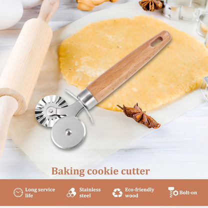 SHANGSKY Pastry Cutter Wheel, Ravioli Cutter Wheel with Long Wooden Handle, Pasta Cutter Dumpling Lace Making Noodle Ruffled Edge Cookies Pie Cutter Kitchen Dough Cutting Tool