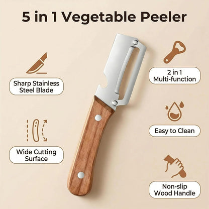 NEW Premium Vegetable Peeler with Wooden Handle and Bottle Opener: 2-in-1 Stainless Steel Kitchen Tool for Fruit Apple Potato Pumpkin Papaya (2Pcs)