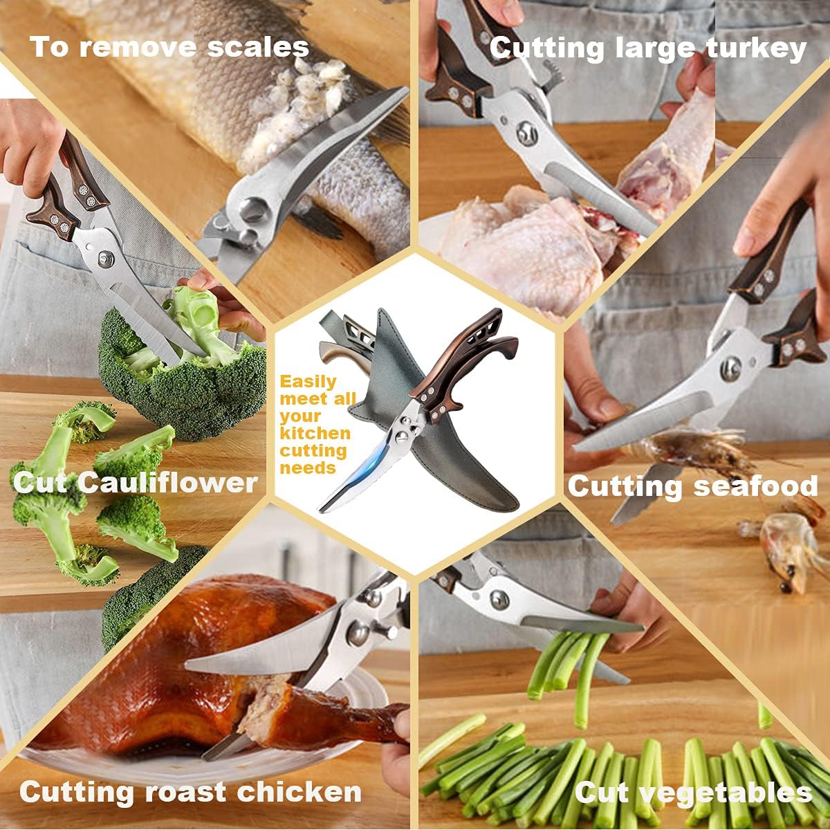 ANDONG Upgrade Heavy Duty Stainless Steel Kitchen Scissors - Professional Poultry Shears for Bone, Meat, Chicken, Fish, Turkey, Vegetables,Spring Loaded Multipurpose Ultra Sharp Utility Scissors