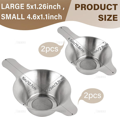 AUEAR, 2 Pack Different Size Stainless Steel Mini Strainer Fine Mesh Tea Funnel Coffee Filter with Double Handles