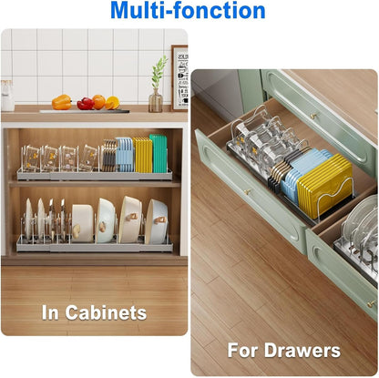 Mustorn 2 Pack Pots and Pans Organizer Under Cabinet, 22" Expandable Food Storage Container Lid Organizers with 9 Adjustable Dividers Pot and Pan Lid Holders Rack Inside Cabinet/Countertop(White)