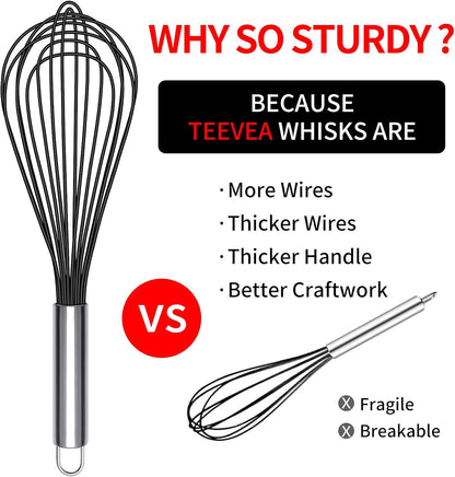 TEEVEA Silicone Whisk Set Non Scratch BPA Free for Nonstick Cookware, 3 Piece 8/10/12 Inch Stainless Steel Core Heat Resistant, Egg Beater for Cooking Baking, Black