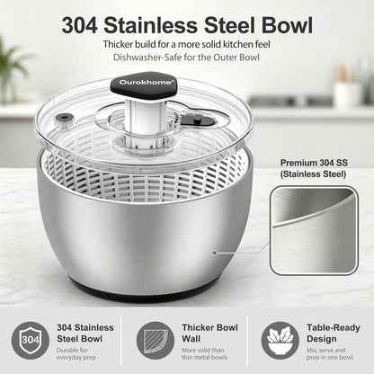 Ourokhome 6.3 QT Stainless Steel Salad Spinner, Large Lettuce Spinner with One-Hand Press Pump, Brake Button, Non-Slip Base and Retractable Handle, Vegetable Washer & Dryer for Greens, Fruits and Herb