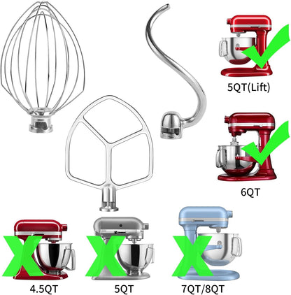 Stainless Steel 3 Piece kit Attachments，Dough Hook 6 Wire Whisk Flat Beater Compatible with KitchenAid 5 Plus -6QT Mixer，Bowl Lift Stand Mixer Accessory，Rust Resistant，Dishwasher Safe