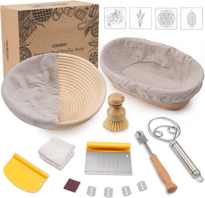 CODOGOY Banneton Bread Proofing Basket Set, Sourdough Bread Baking Supplies with 9" Round & 10" oval Handmade Natural Rattan Proofing Basket and Complete Bread Making Tools
