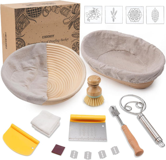 CODOGOY Banneton Bread Proofing Basket Set, Sourdough Bread Baking Supplies with 9" Round & 10" oval Handmade Natural Rattan Proofing Basket and Complete Bread Making Tools