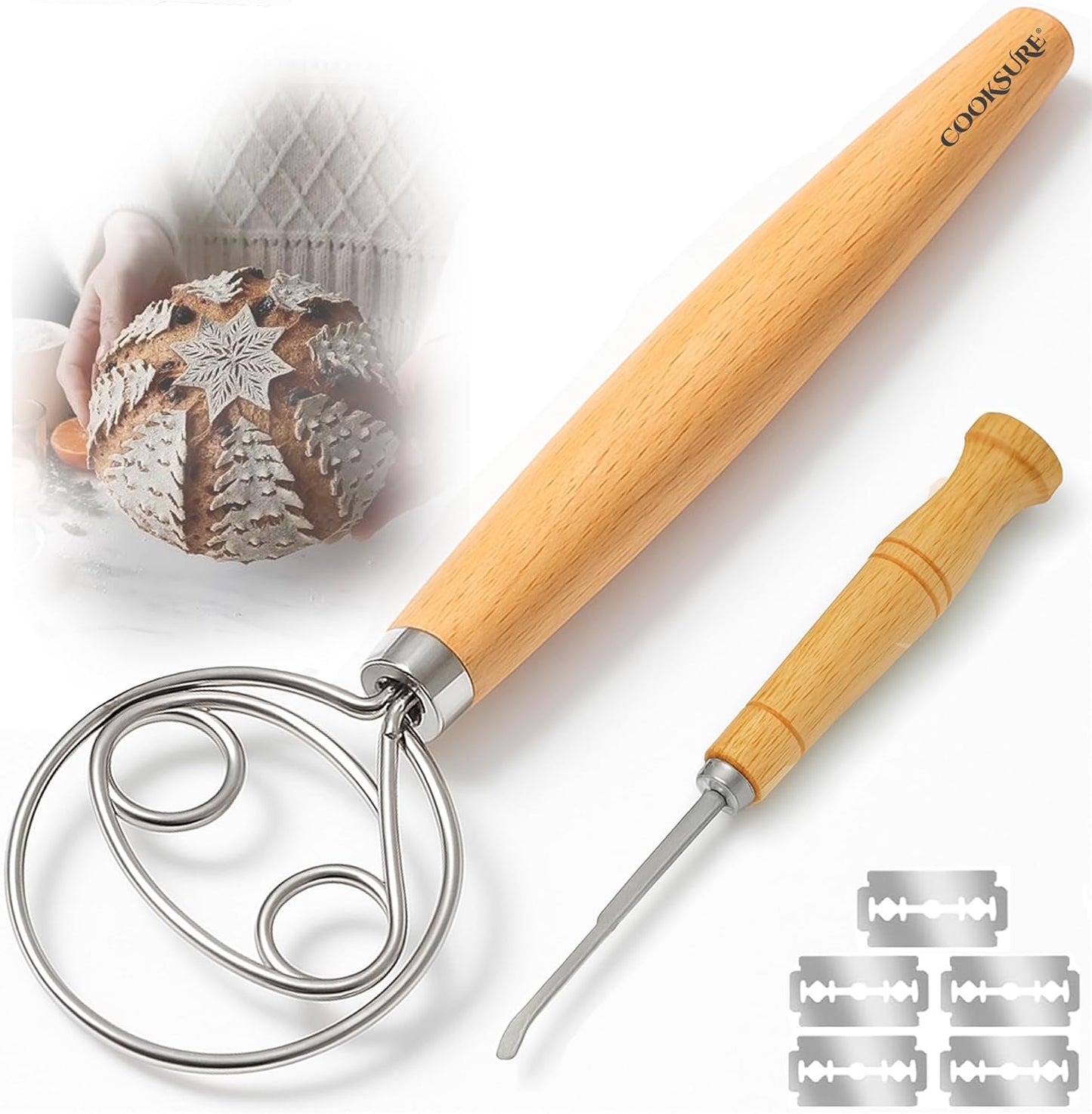 Danish Dough Whisk & Bread Lame Set for Sourdough Bread – Wooden Handle Dough Whisk Mixer and Bread Scoring Tool, Artisan Sourdough Baking Tools & Bread Baking Supplies