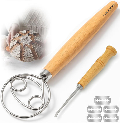 Danish Dough Whisk & Bread Lame Set for Sourdough Bread – Wooden Handle Dough Whisk Mixer and Bread Scoring Tool, Artisan Sourdough Baking Tools & Bread Baking Supplies