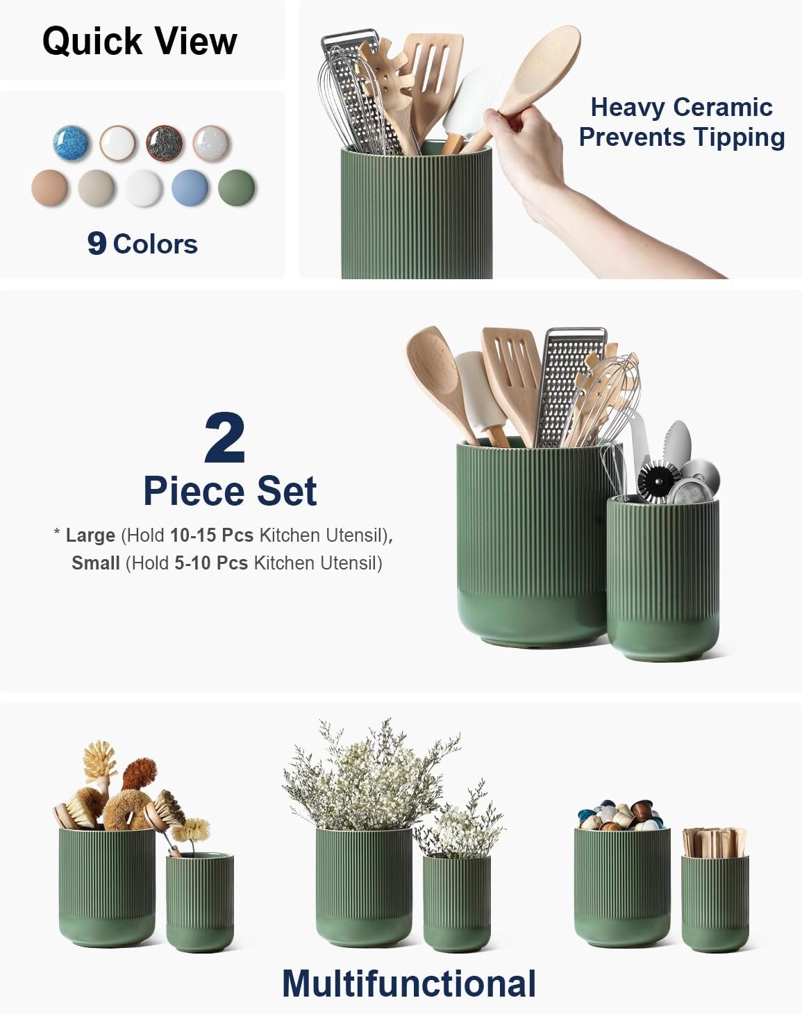 LE TAUCI Utensil Holder for Kitchen Counter, 7.3"+5.4" Fluted Ceramic Utensil Crock Organizer for Countertop, Heavy Large Holder for Spatulas, Spoons, Set of 2, White, Kitchen Counter Decor