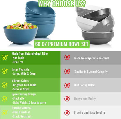 Wheat Straw Bowls Set with Lids, Unbreakable 40 OZ Cereal Bowls Set of 4, Salad Container for Lunch, Microwave & Dishwasher Safe Bowl Set for Kitchen, Picnic, RV, Camping, Multi