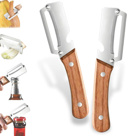 Multifunctional Vegetable Peeler With Wooden Handle, 3 In 1 Stainless Steel Sharp Knife For Fruit And Hard Skinned Produce, Kitchen Tool With Bottle Opener (2pcs)