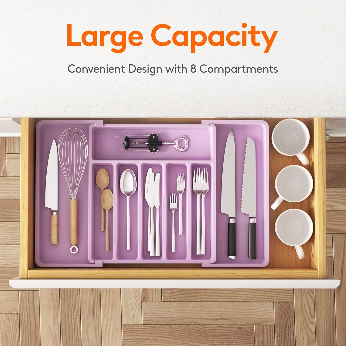 Lifewit Silverware Drawer Organizer, Expandable Utensil Tray for Kitchen, BPA Free Flatware and Cutlery Holder, Adjustable Plastic Storage for Spoons Forks Knives, 11-18 x 14", Black