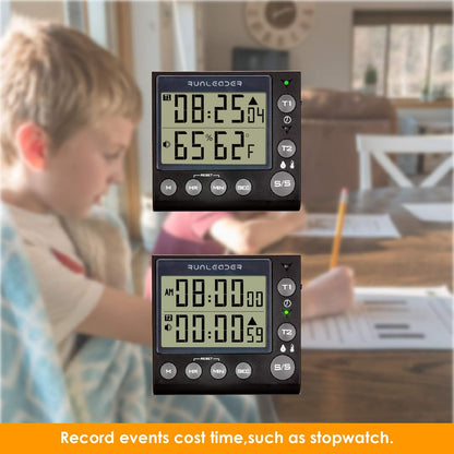 Runleader Digital Kichen Timer,Dual Count-Down & Count-up Tracking, Real-time Clock Display,Temperature and Humidity Record for Cooking Baking BBQ Gym Exam Meeting Personal Care.