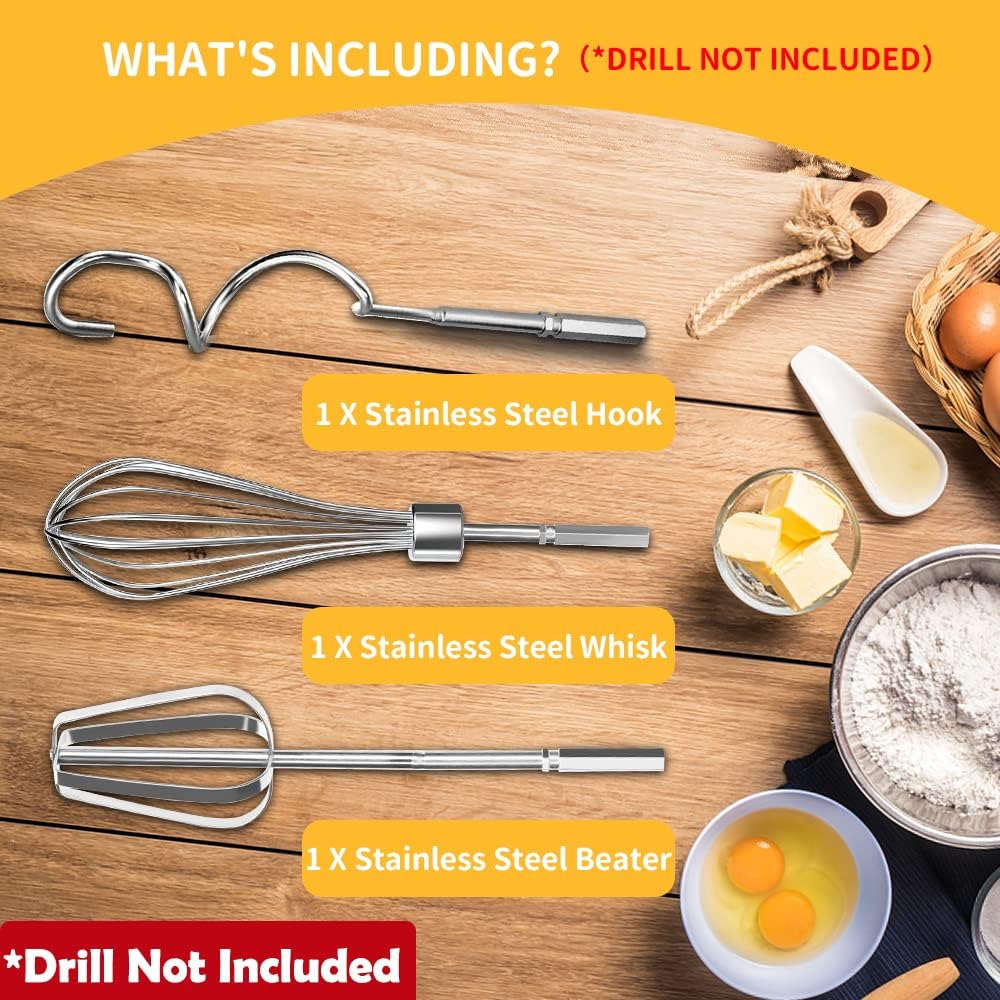 homicozy 3-Piece Stainless Steel Hand Mixer Attachment Set - Whisk, Dough Hook, Egg Beater for Drills - Dishwasher Safe, 9.8 Inch (Drill Not Included) (9.8inch)
