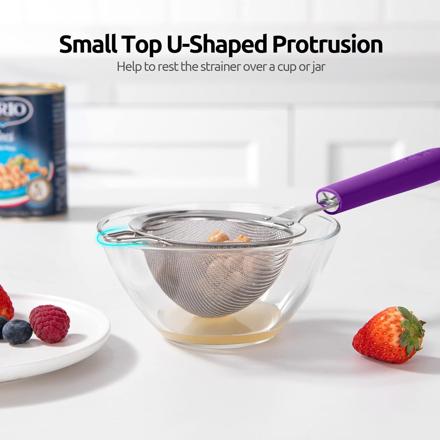 18/8 Stainless Steel Mesh Strainer: U-Taste 5.5 Inch Kitchen Fine Mesh Sieve Food Colander with Riveted Sturdy Silicone Handle and 30 Mesh Hole for Straining Flour, Pasta, Fruit, Quinoa(Aqua Sky)
